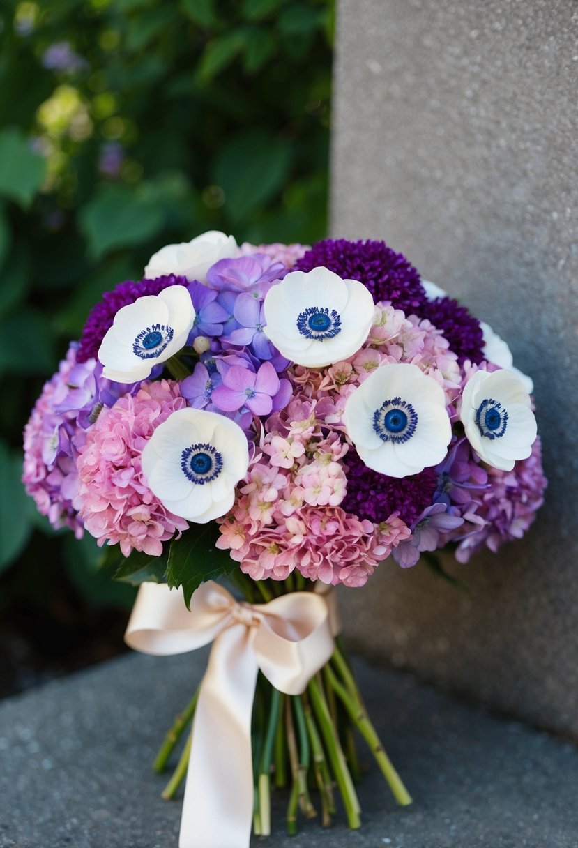 A lush bouquet of anemones and hydrangeas in shades of pink and purple, tied with a satin ribbon