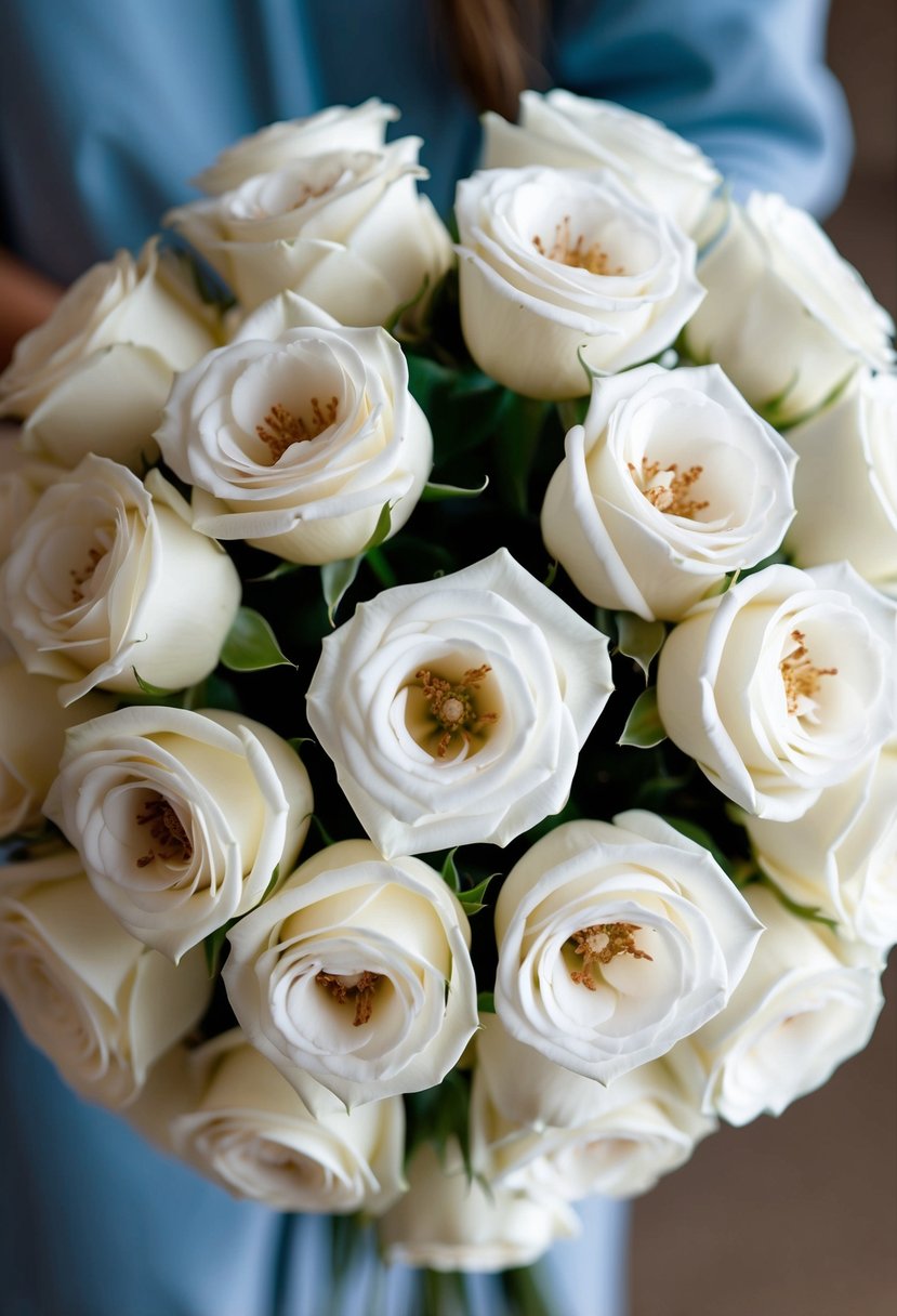 A bouquet of white roses with delicate centers arranged in a circular formation