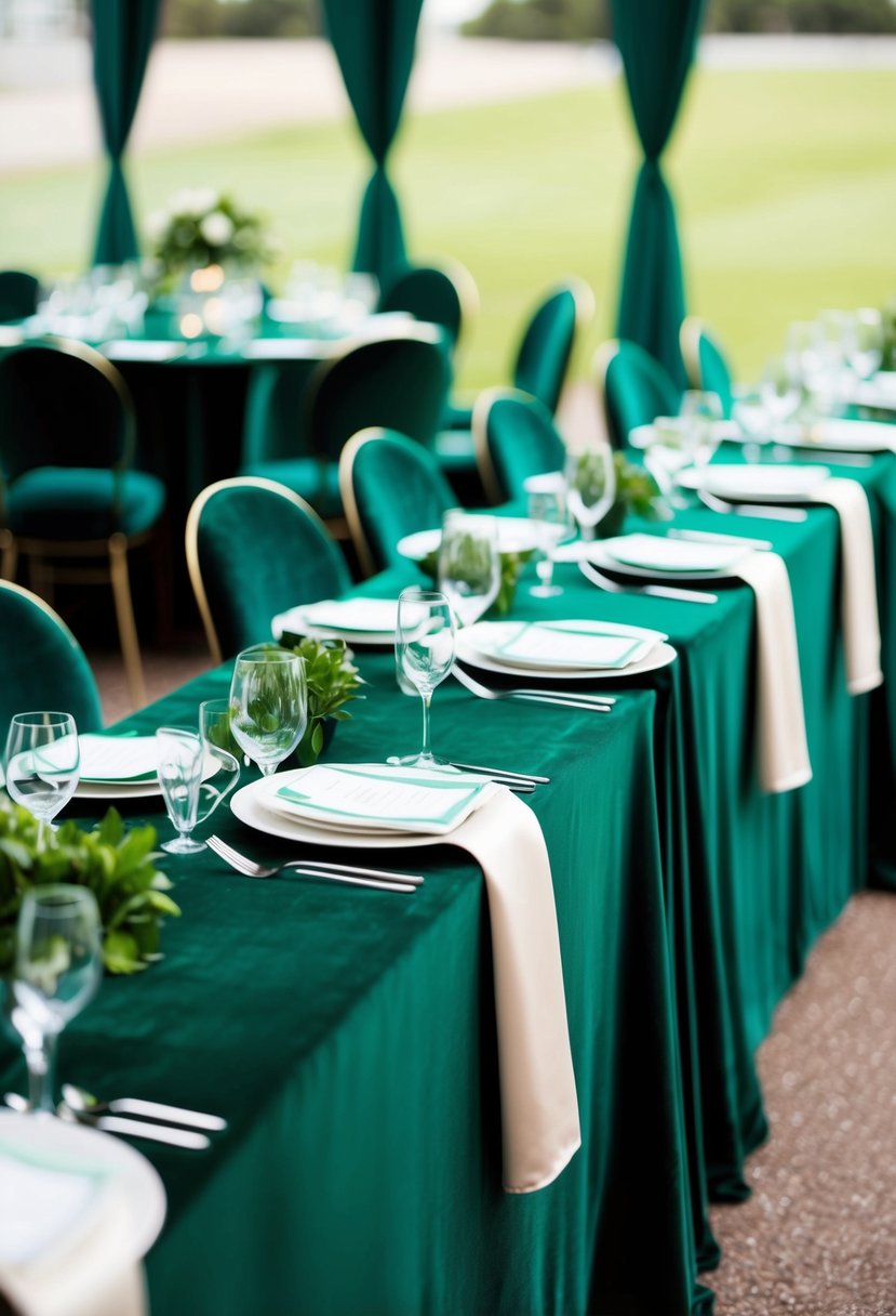 Emerald velvet tablecloths adorn a wedding table, complemented by green decorations