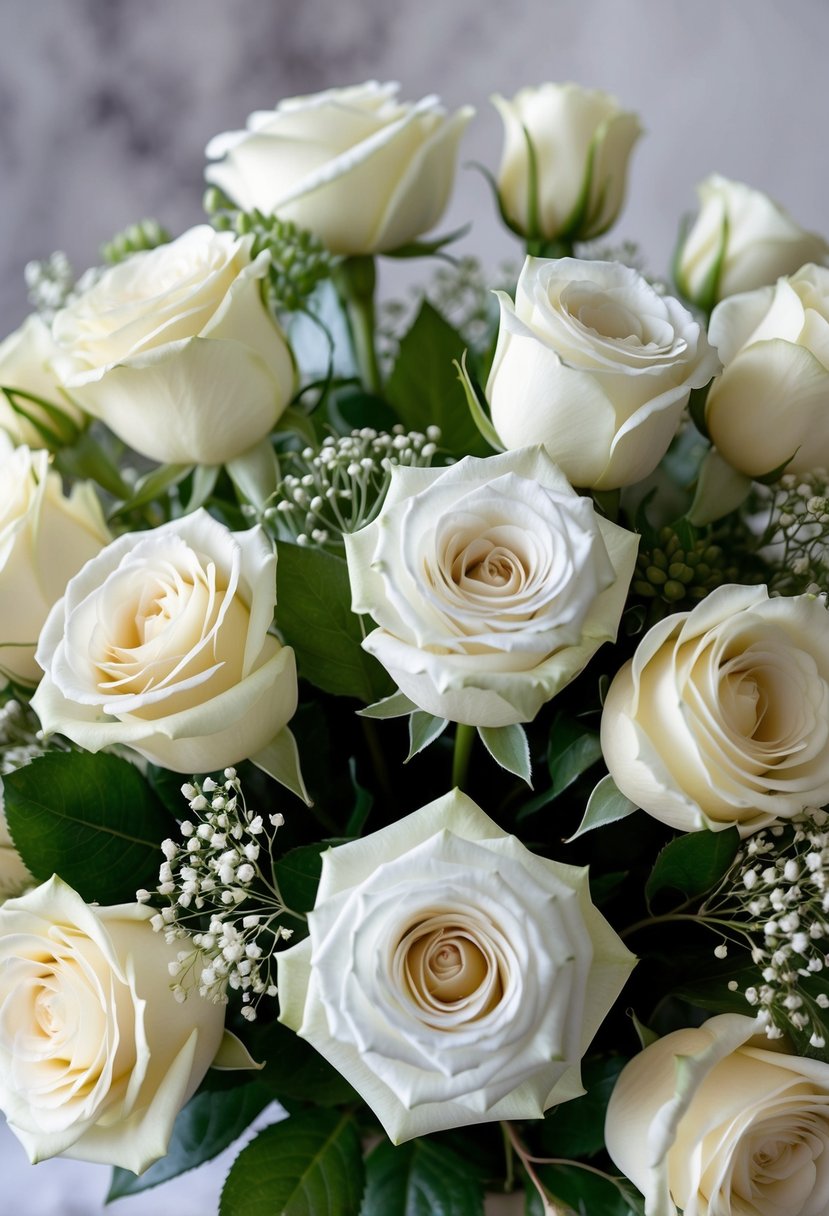 A bouquet of white and cream roses arranged in a variety of sizes and shapes, with delicate greenery and baby's breath interspersed throughout