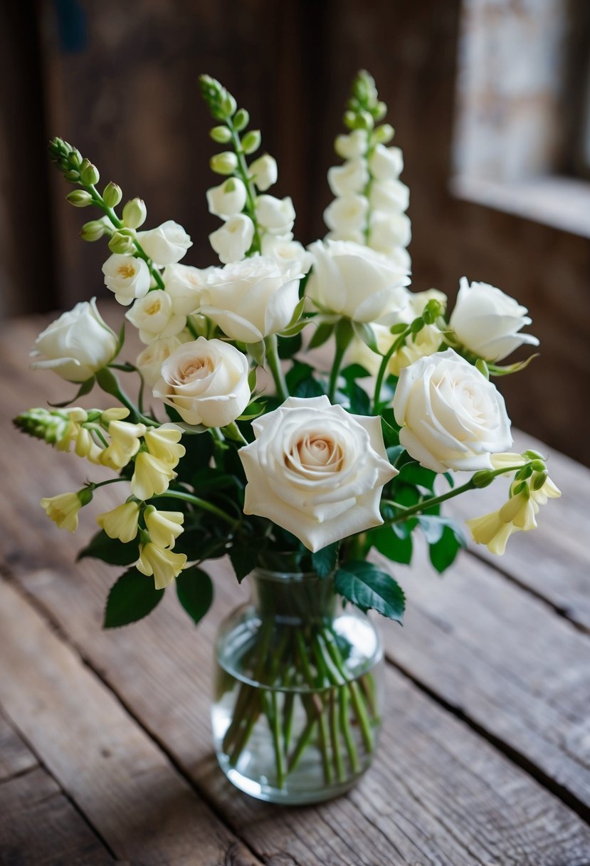 A delicate bouquet of white roses and snapdragons in a glass vase on a rustic wooden table