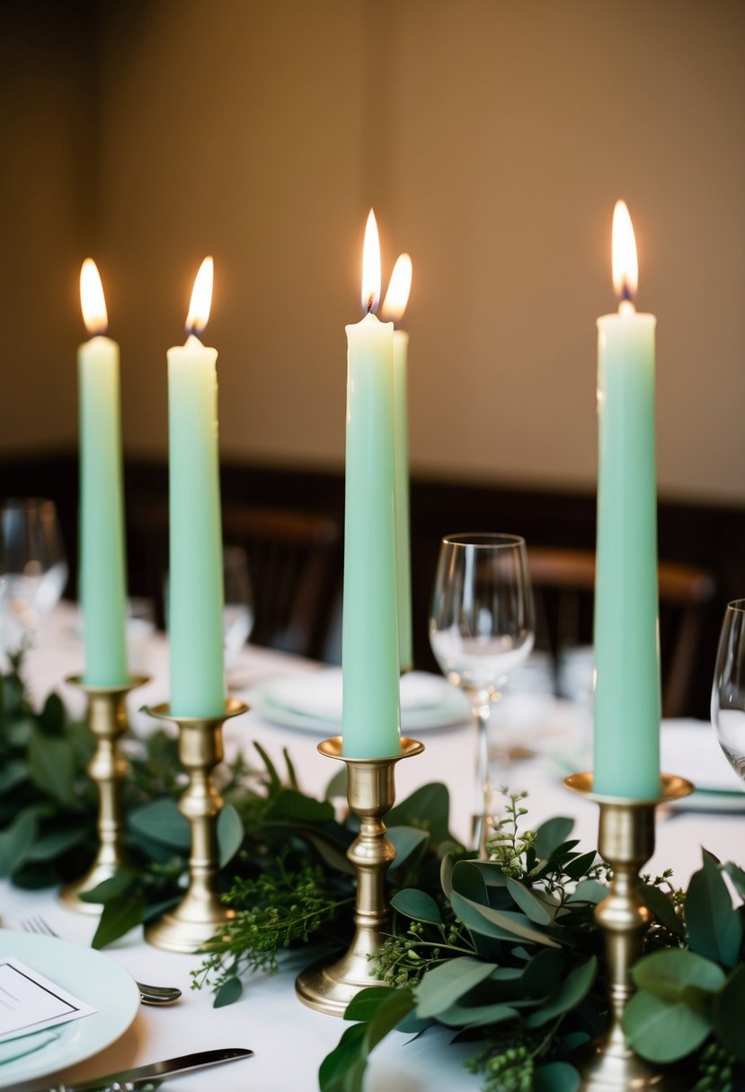 A table set with mint green taper candles and greenery for a wedding centerpiece