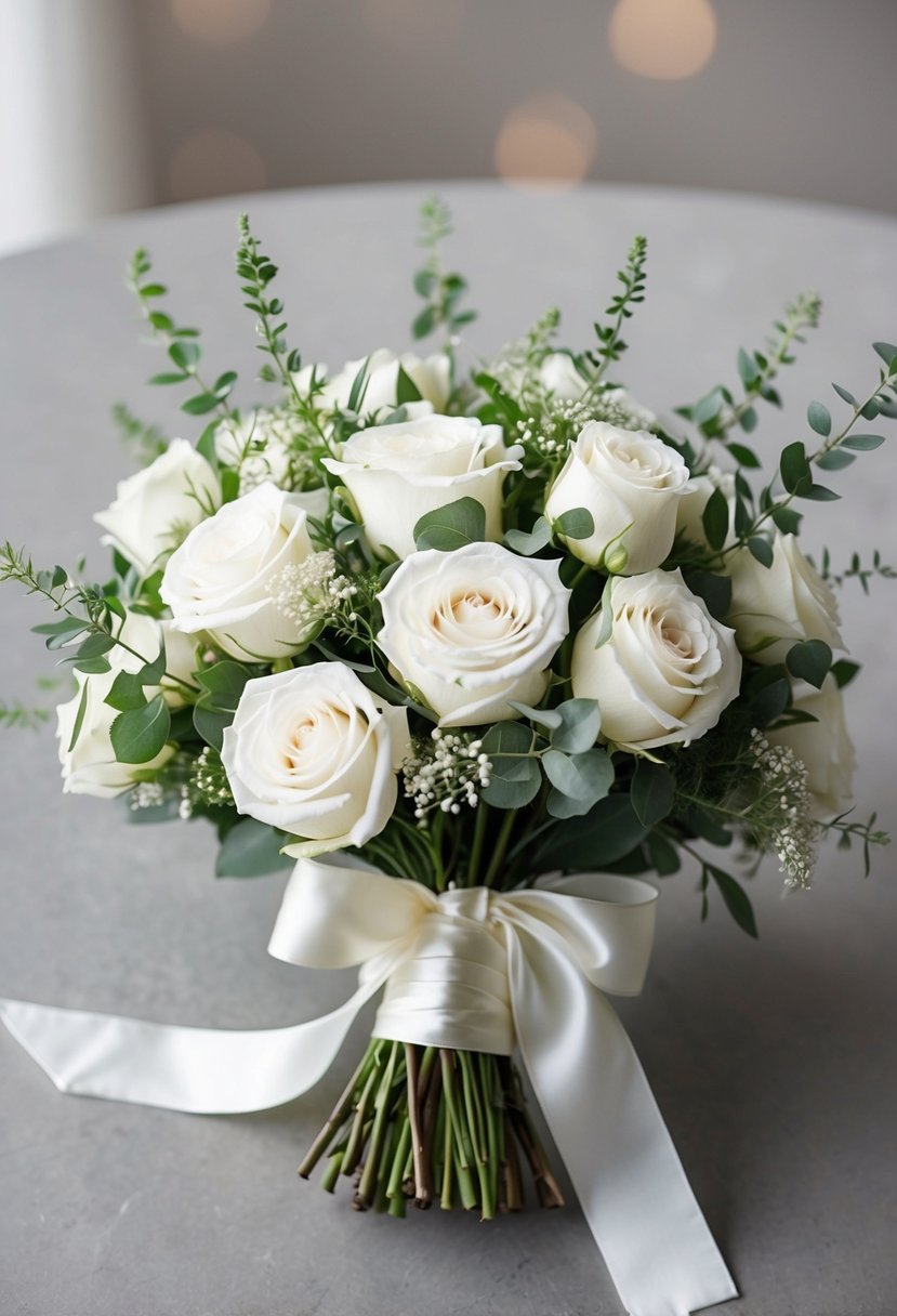 A pristine white rose bridal bouquet, elegantly arranged with delicate greenery and tied with a satin ribbon