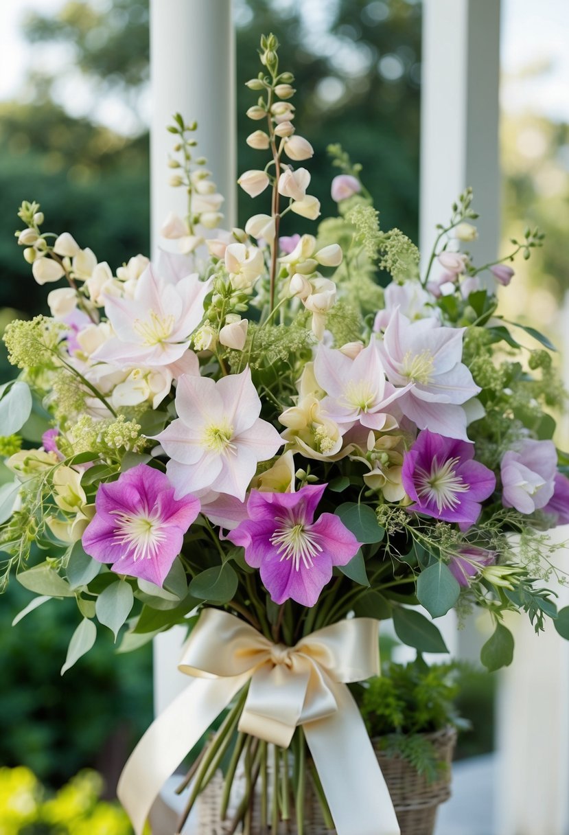 A lush bouquet of clematis and sweet pea in pastel shades, accented with delicate greenery and tied with a satin ribbon