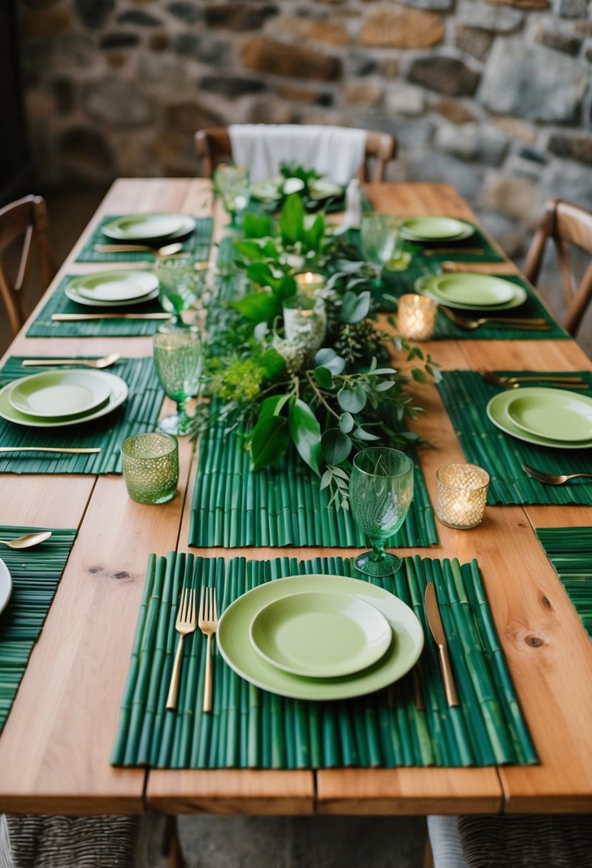 Green bamboo placemats arranged on a wooden table with rustic tableware and natural foliage for a green wedding table decoration