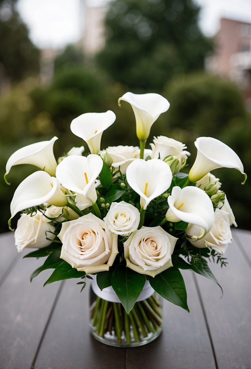 A simple arrangement of white calla lilies and roses in a wedding bouquet