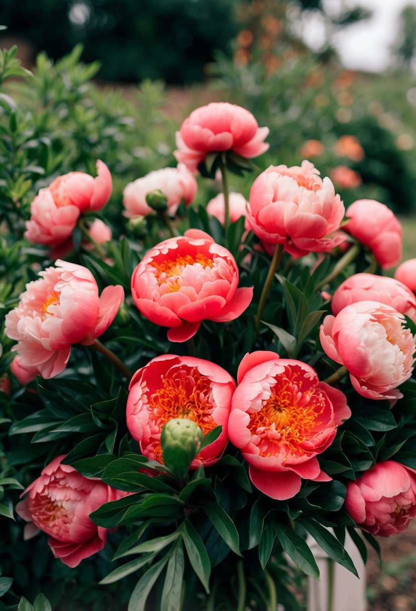 A lush bouquet of coral peonies surrounded by vibrant greenery