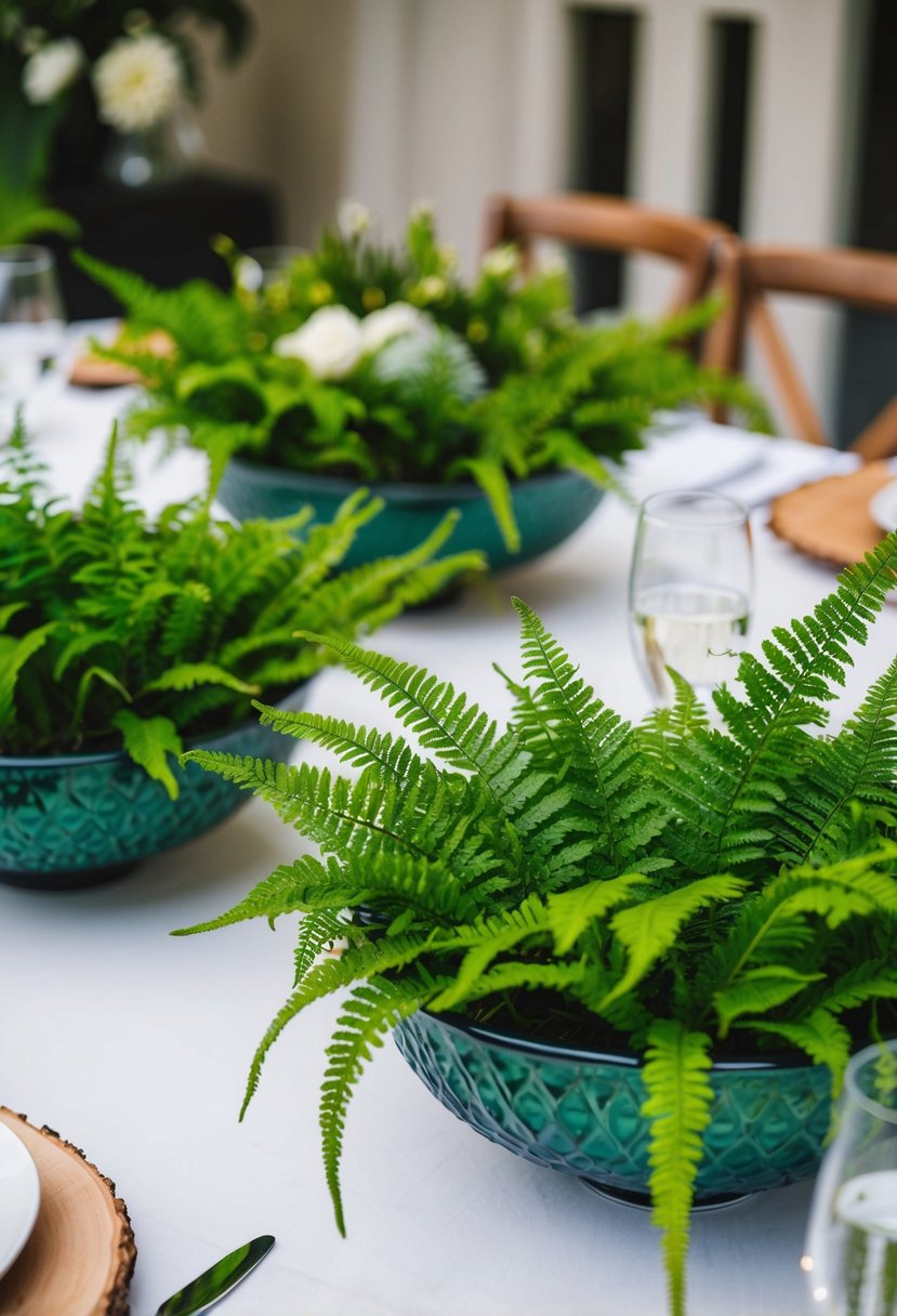 Green fern-filled decorative bowls adorn a wedding table, creating a lush and natural centerpiece