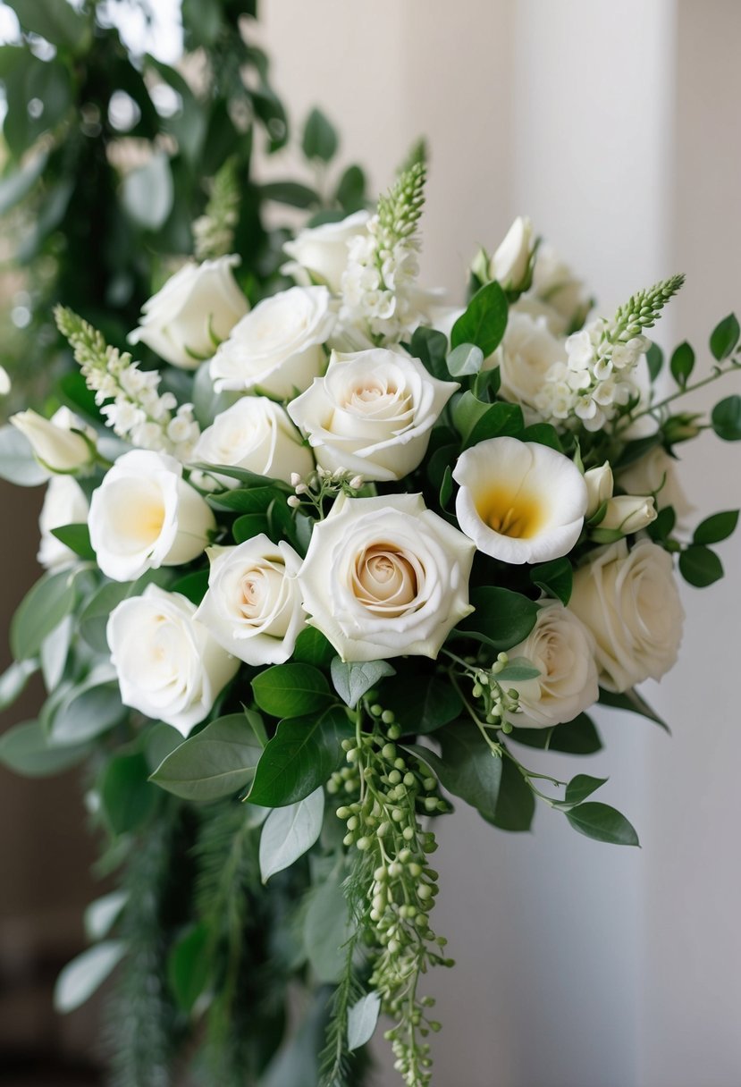 A delicate bouquet of white roses, gardenias, and sweet peas, arranged in a cascading style with greenery accents