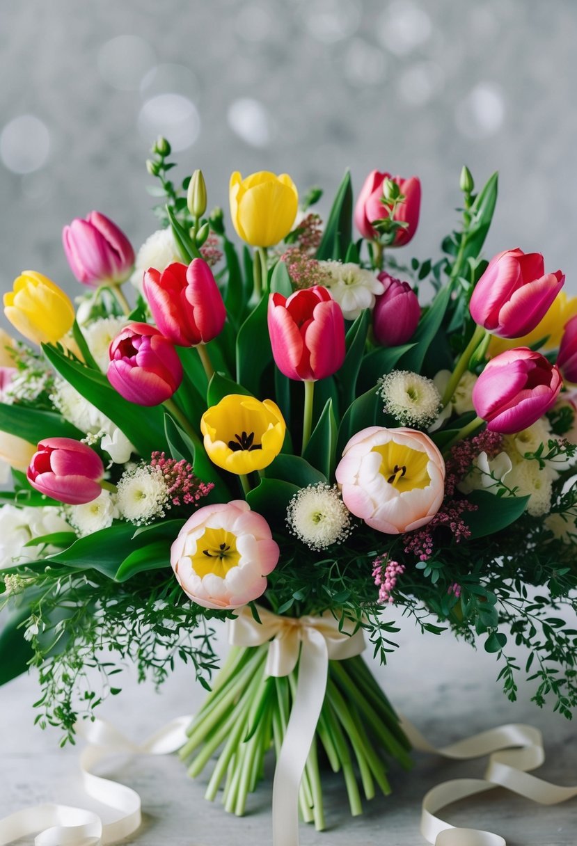 A vibrant bouquet of tulips and ranunculus in full bloom, arranged in perfect harmony with delicate greenery and ribbon accents