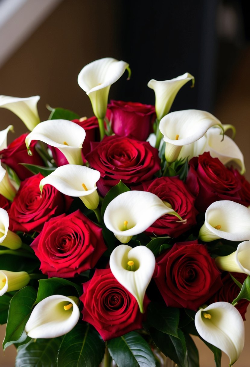 A lush bouquet of red roses and white calla lilies arranged in a delicate, charming manner