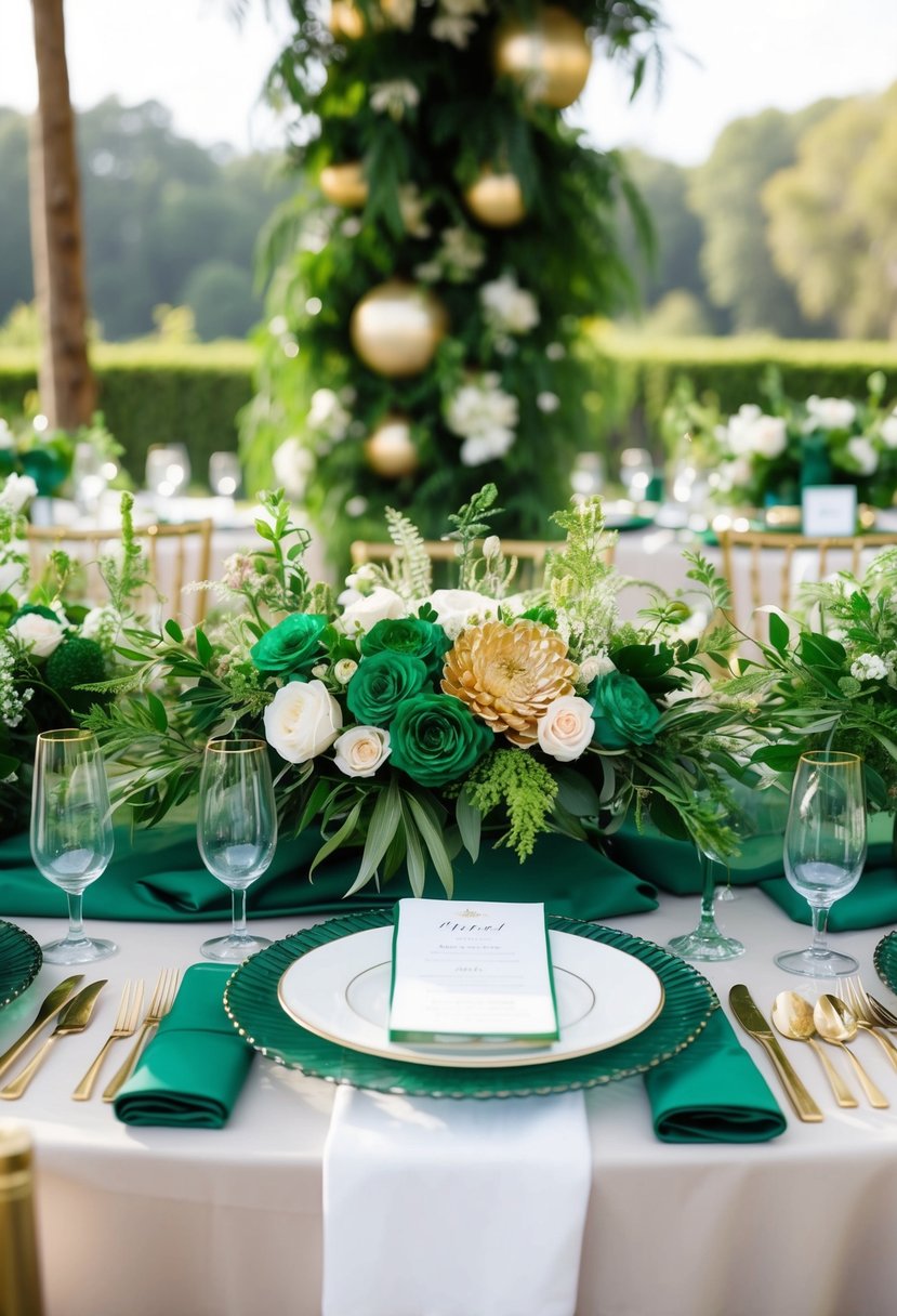 Emerald and gold floral centerpieces adorn a wedding table, accented with lush greenery and delicate blooms