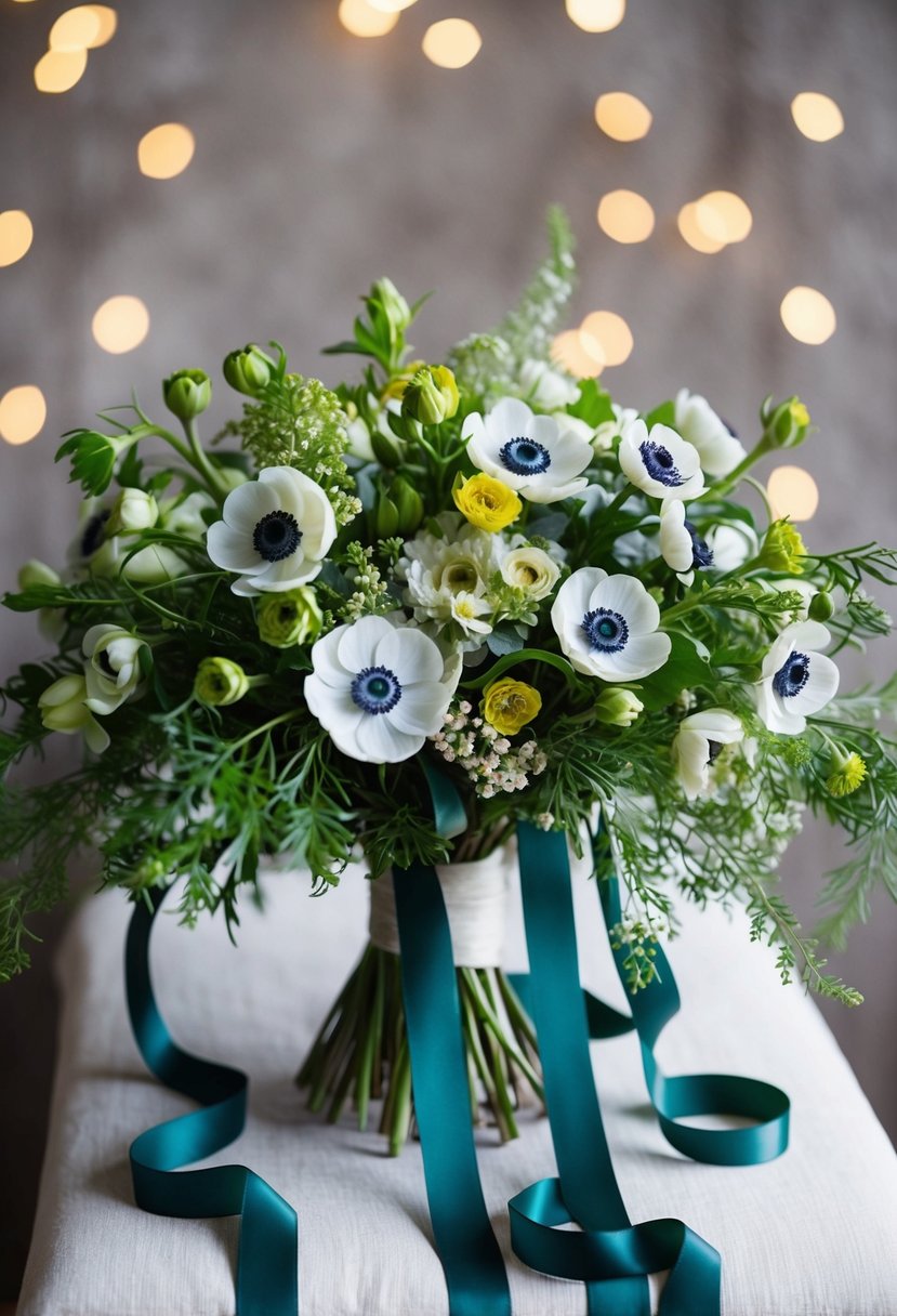 A vibrant bouquet of blooming spring anemones, delicate greenery, and cascading ribbons