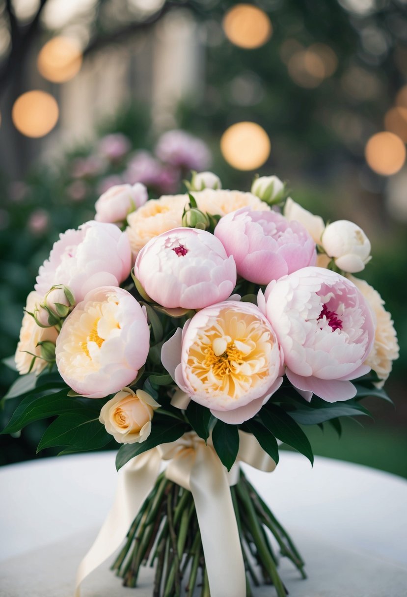 A lush bouquet of peonies and roses in soft pastel colors, tied with a satin ribbon