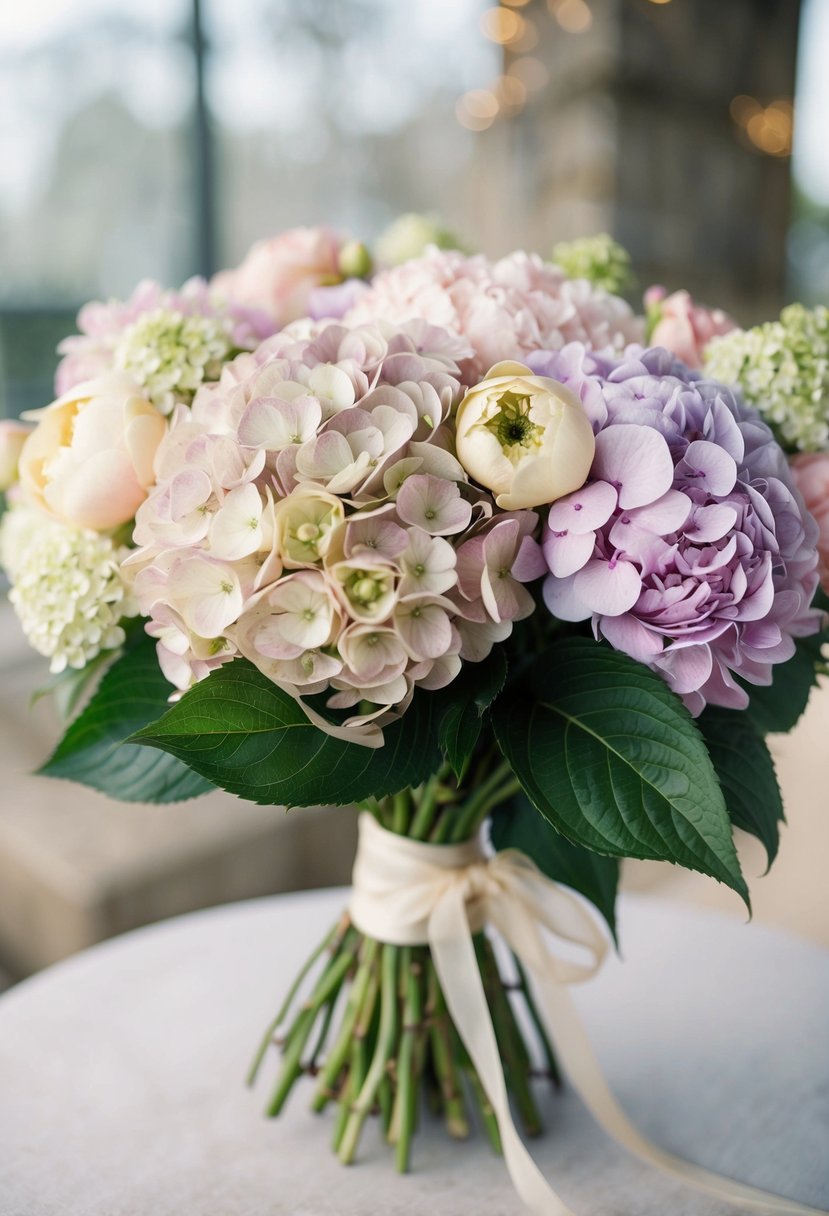 A lush bouquet of hydrangeas and peonies in a soft, romantic color palette, tied with a delicate ribbon