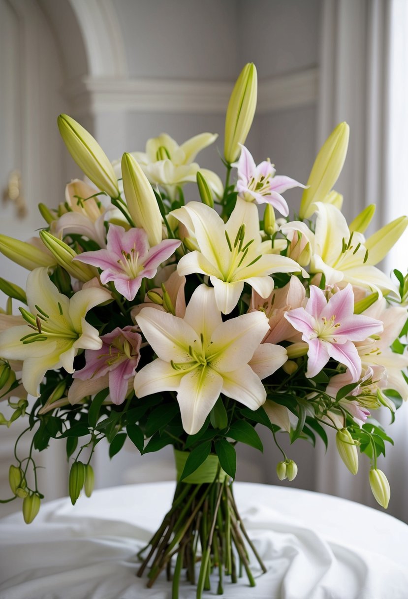 A lush bouquet of lilies and clematis in soft pastel colors, arranged in a flowing, elegant style