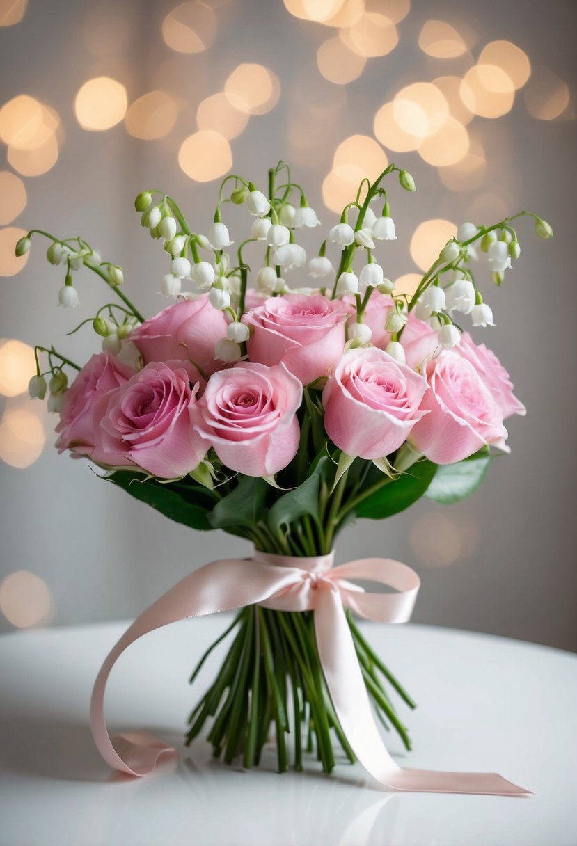 A bouquet of pink roses and delicate Lily of the Valley tied with a satin ribbon