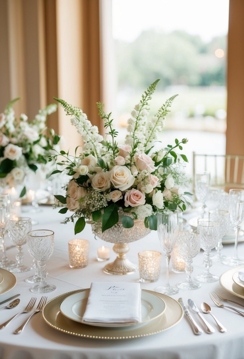 A table adorned with delicate floral centerpieces, sparkling crystal glassware, and fine linen, creating an elegant and romantic atmosphere for a wedding celebration