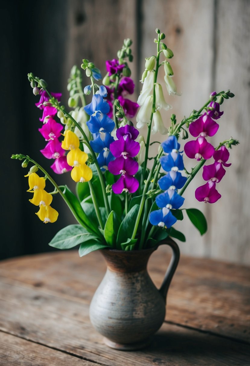 A colorful bouquet of sweet peas and snapdragons arranged in a rustic vase