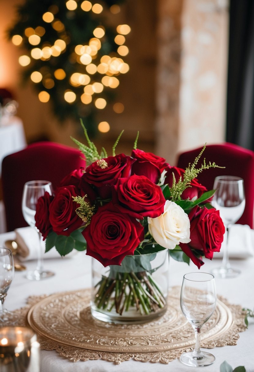 A table adorned with velvet and red roses, creating a rustic yet elegant wedding centerpiece