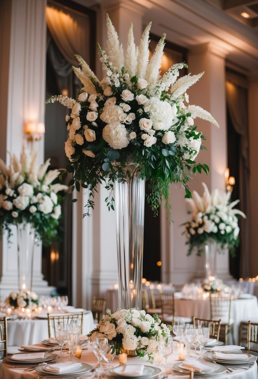 Tall floral centerpieces tower over an elegant wedding table, creating a dramatic and luxurious atmosphere