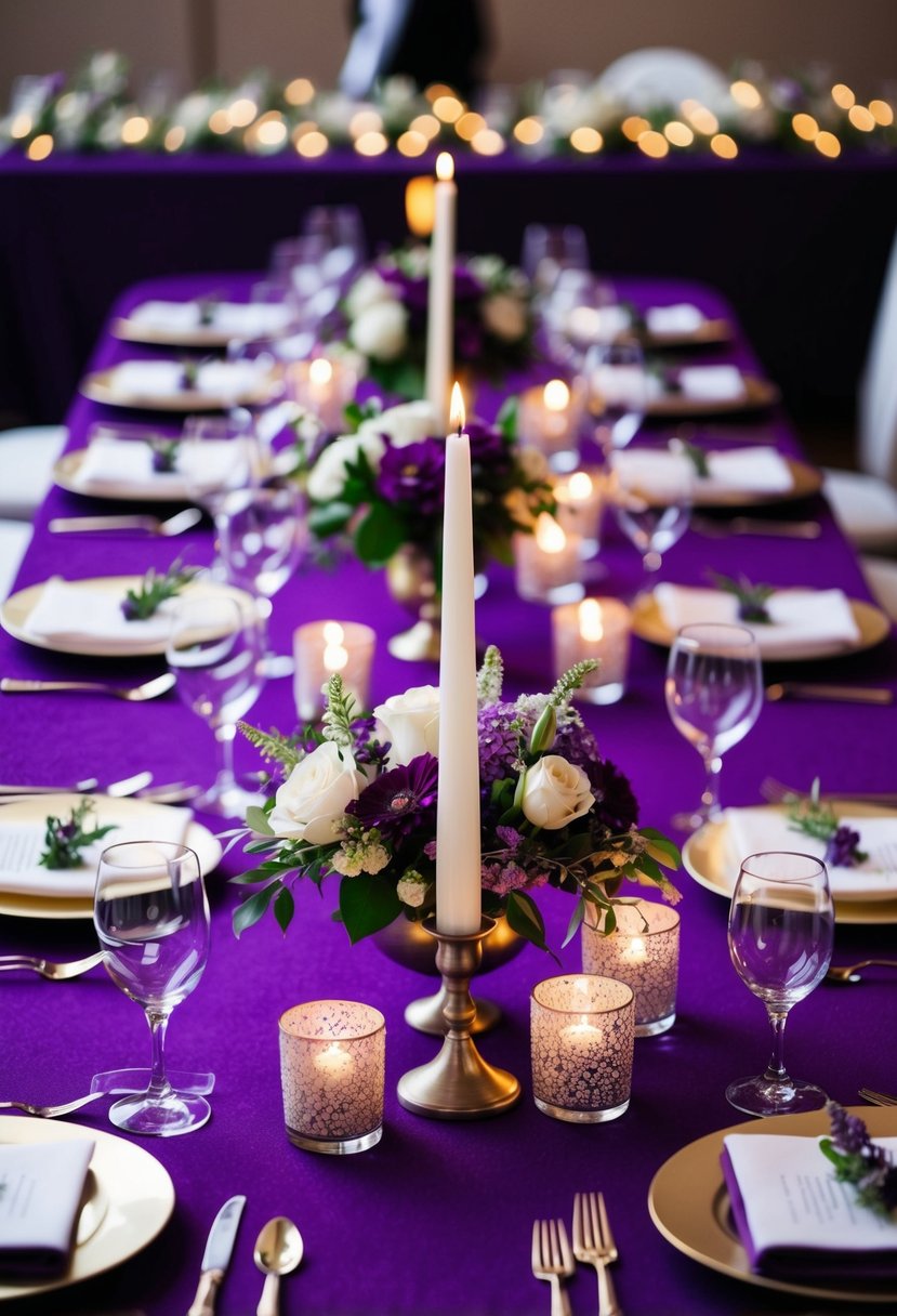 A purple-themed wedding table adorned with floral centerpieces, elegant place settings, and shimmering candles