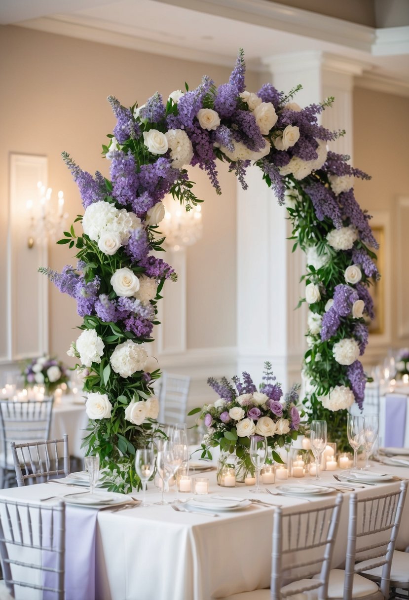 A lavender and white floral arch adorns a wedding table, creating a romantic and elegant atmosphere