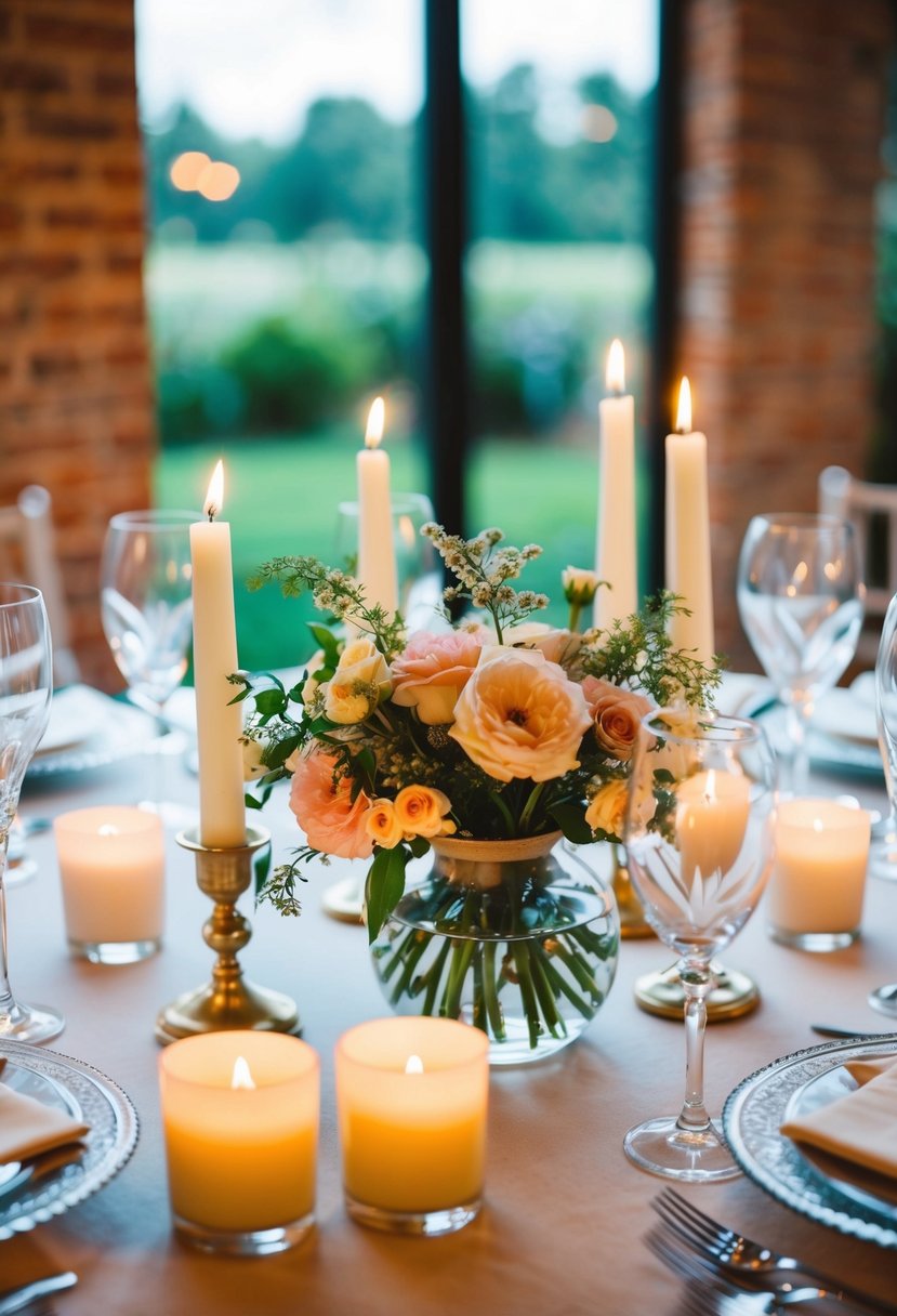 A table adorned with scented candles and matching blooms for an elegant wedding setting