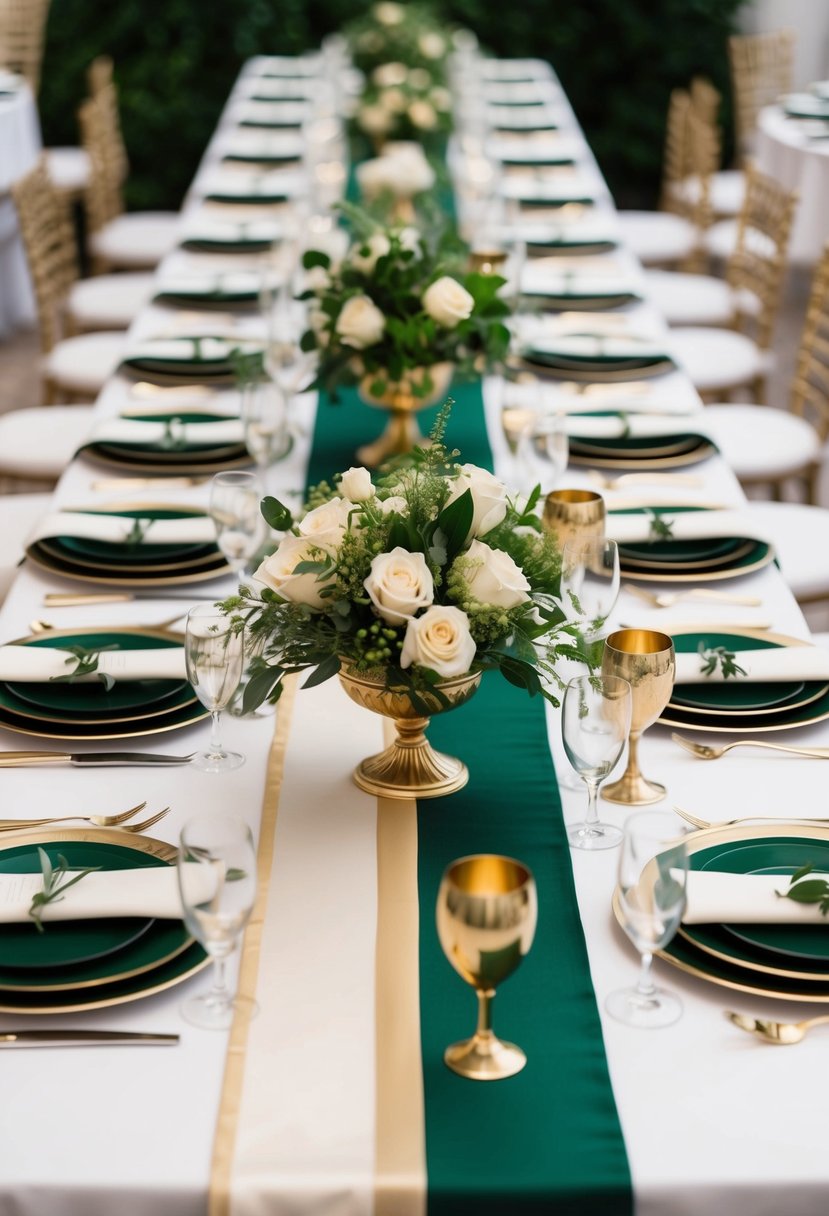 Lush green, gold, and ivory table runners adorn elegant wedding tables, creating a sophisticated and luxurious atmosphere