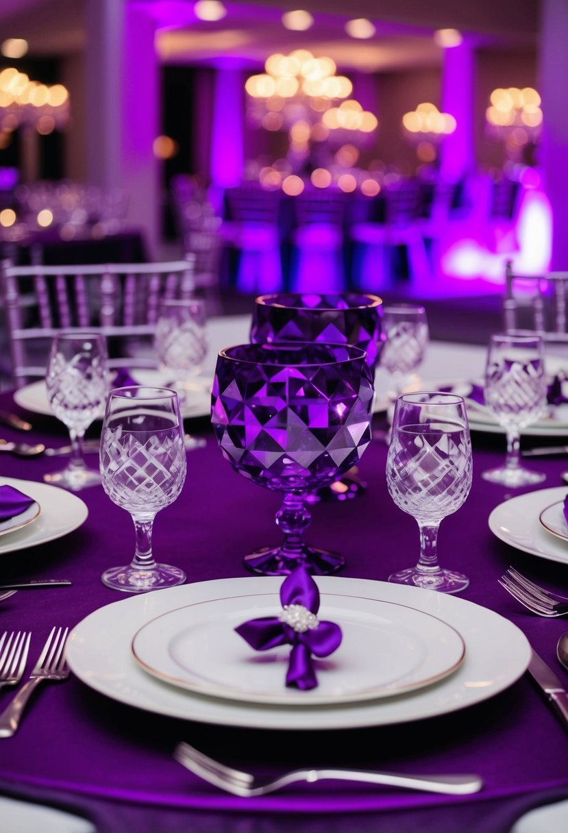 A table set with amethyst crystal accents, reflecting the purple hues of a wedding reception