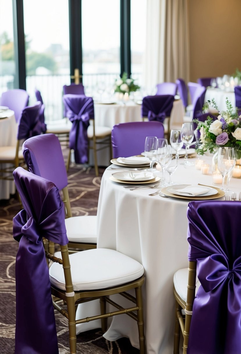 A table set for a wedding with violet satin chair sashes draped elegantly over the chairs, creating a beautiful and luxurious atmosphere