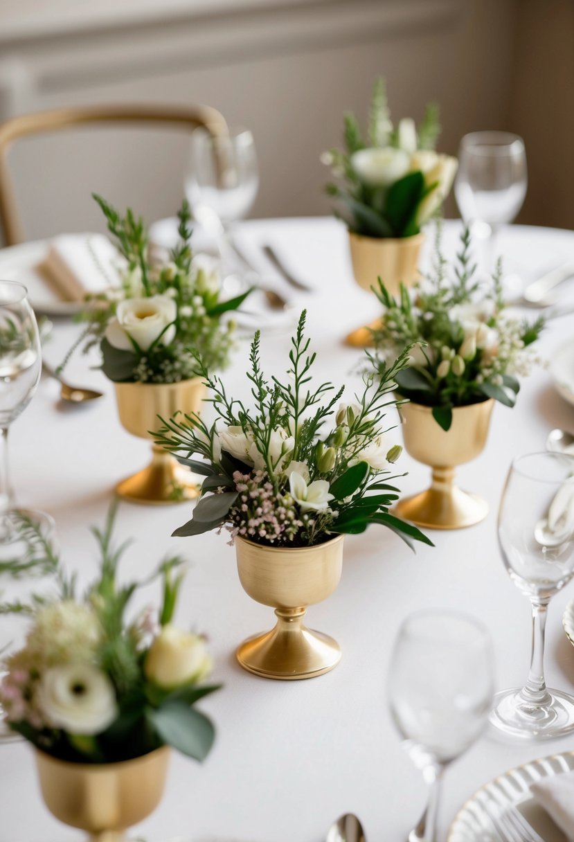 A collection of mini compotes filled with delicate flowers and greenery arranged on an elegant wedding table