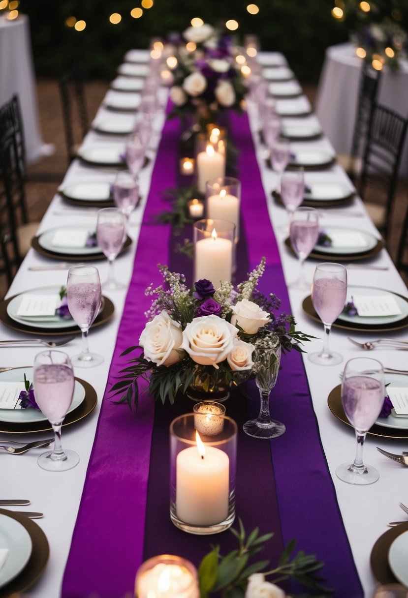 A long table with purple ombre runners, adorned with floral centerpieces and candles, creating an elegant and romantic setting for a wedding reception