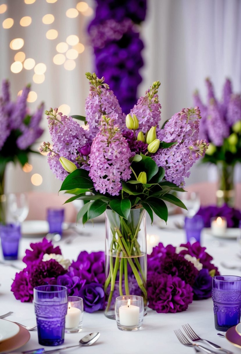 A table adorned with lilac and plum flower arrangements, creating a beautiful purple wedding decoration