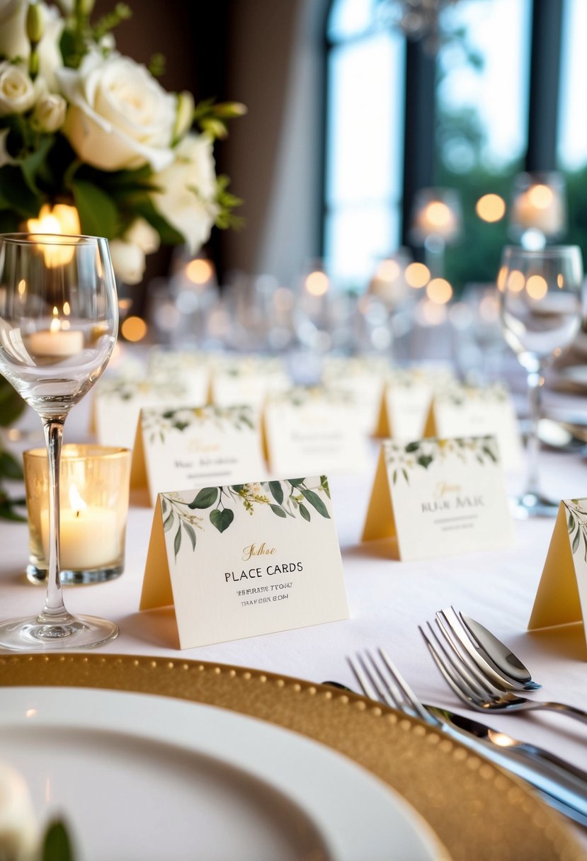 Elegantly designed place cards arranged on a beautifully set wedding table, adding a touch of personalization and flair to the decor