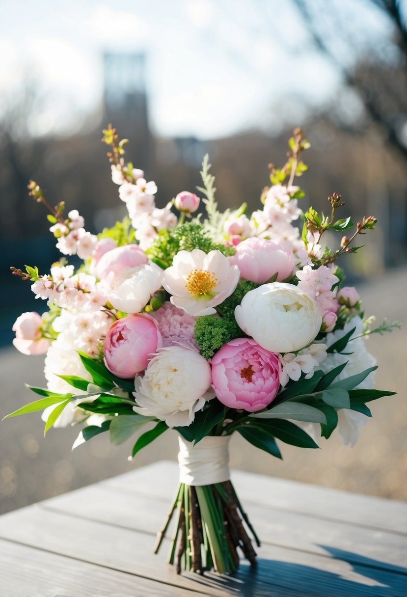 A traditional Japanese wedding bouquet with cherry blossoms, peonies, and delicate greenery