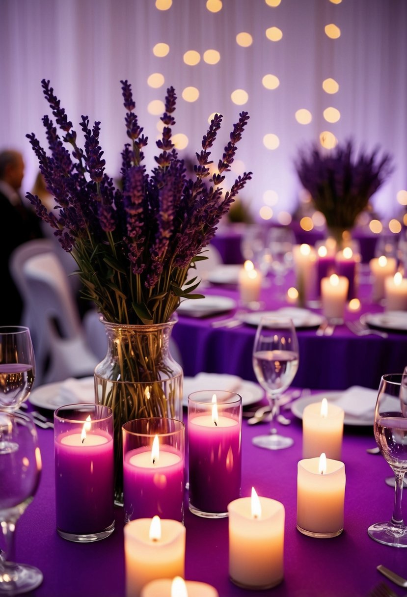 Lavender-scented candles illuminate a purple wedding table, creating a serene and romantic atmosphere