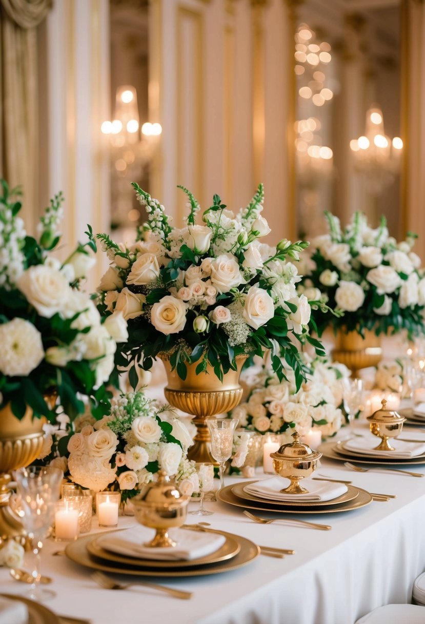 An opulent table adorned with overflowing compote arrangements for an elegant wedding