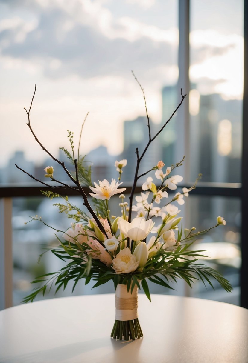 A Japanese wedding bouquet with Ikebana design elements: minimalist, asymmetrical, featuring delicate branches, flowers, and foliage in a harmonious composition