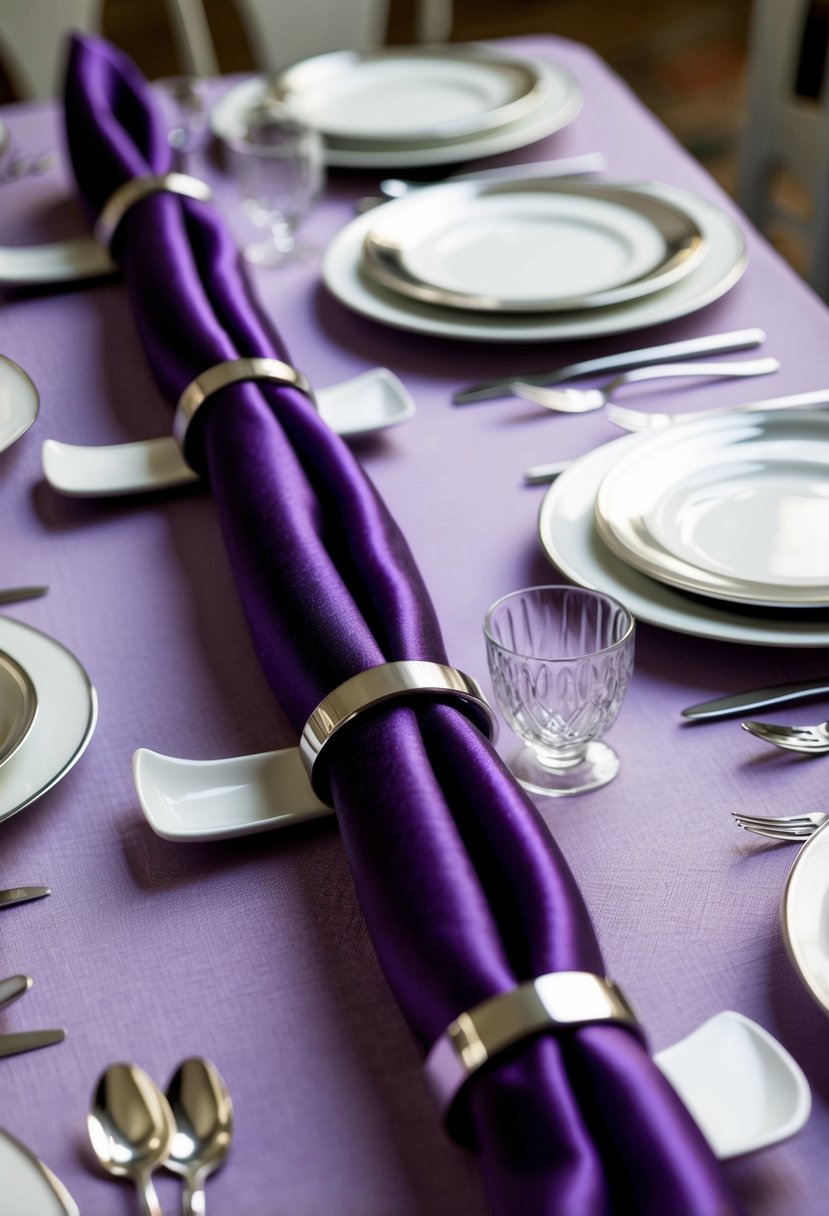 Eggplant napkin rings arranged on a lavender tablecloth with silver accents and white dinnerware