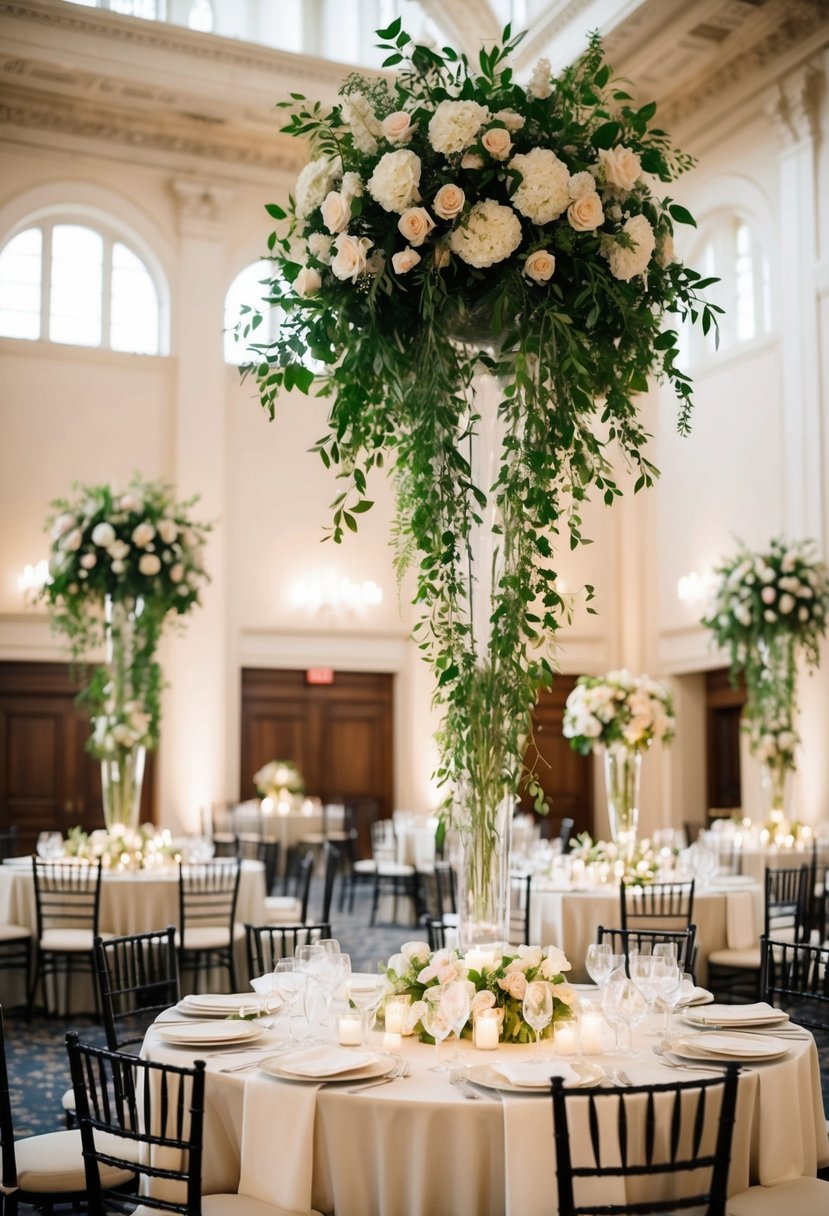 Tall vases with cascading florals adorn elegant wedding tables in a grand, high-ceilinged space