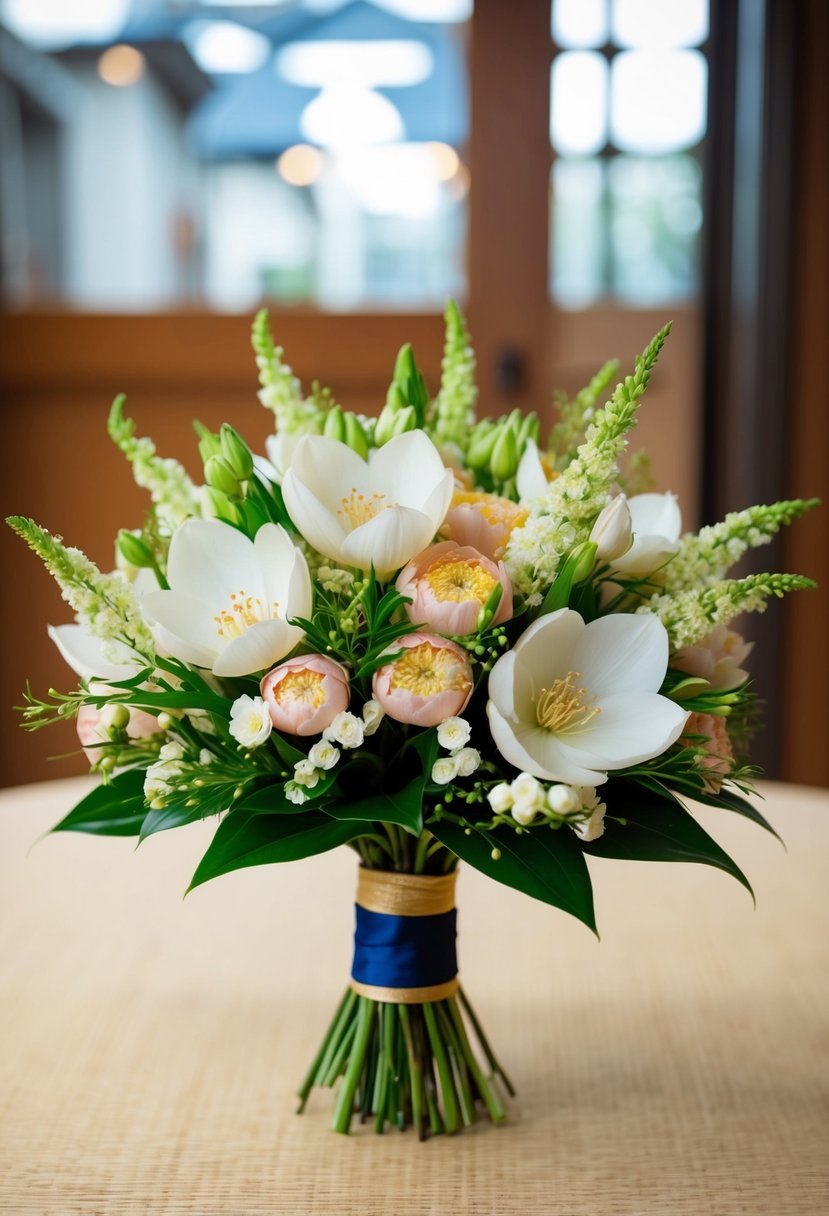 A traditional Japanese wedding bouquet featuring Pinpon Mamu flowers in a delicate arrangement