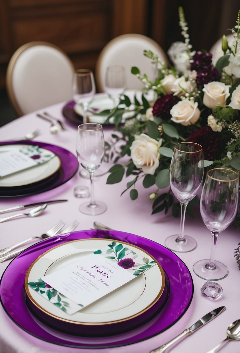 A table set with purple glass charger plates, adorned with elegant wedding decorations