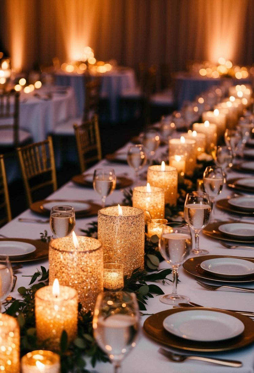 Glittering candles illuminate an elegant wedding table, casting a warm and romantic glow