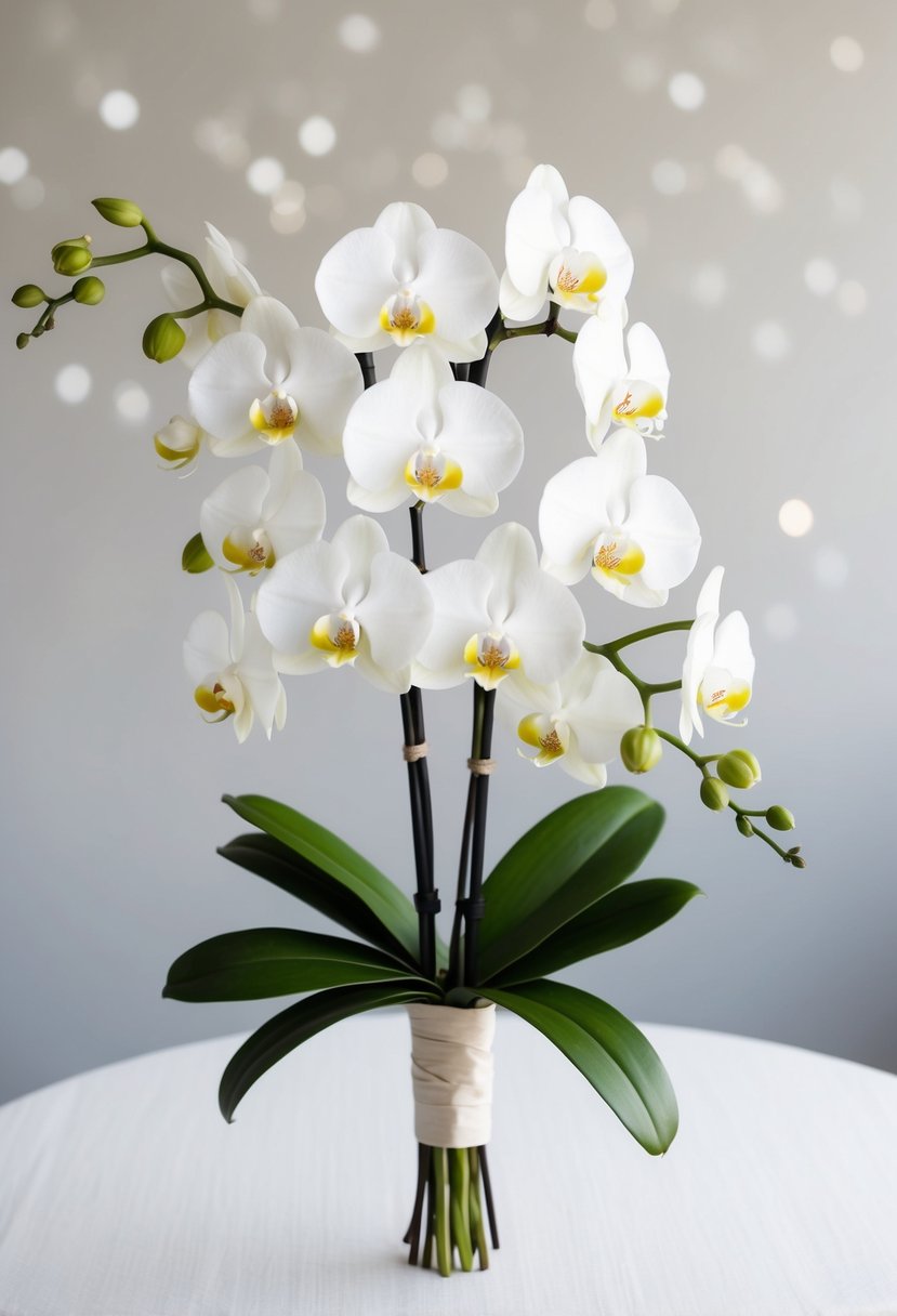 A Japanese wedding bouquet featuring elegant Banda Orchids in a minimalist, serene setting