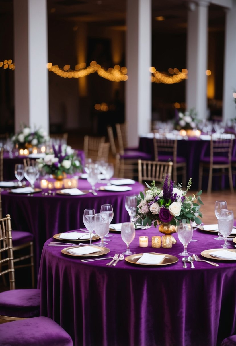 A table set with purple velvet tablecloths, adorned with elegant wedding decorations