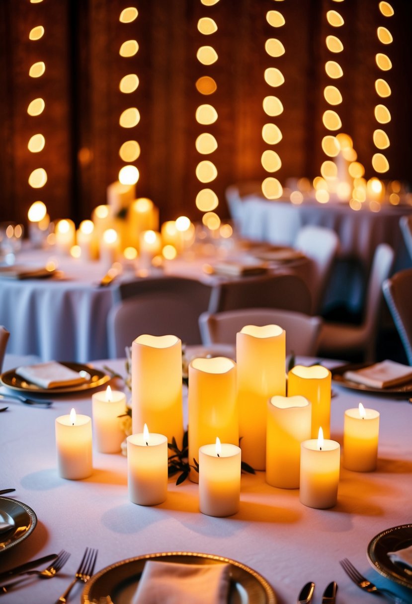 Clusters of LED candles illuminate an elegant wedding table, casting a warm and romantic ambiance