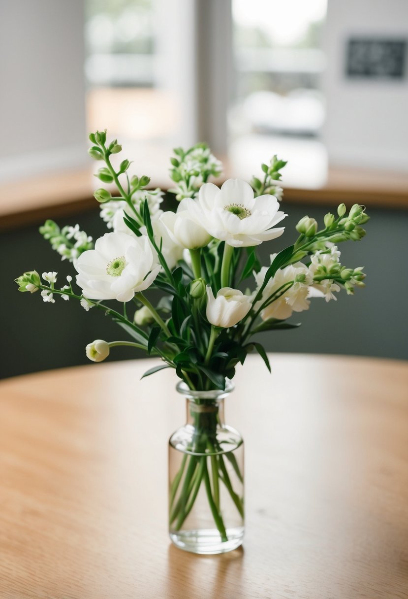 A simple, elegant arrangement of white and green flowers in a small, clean vase on a wooden table