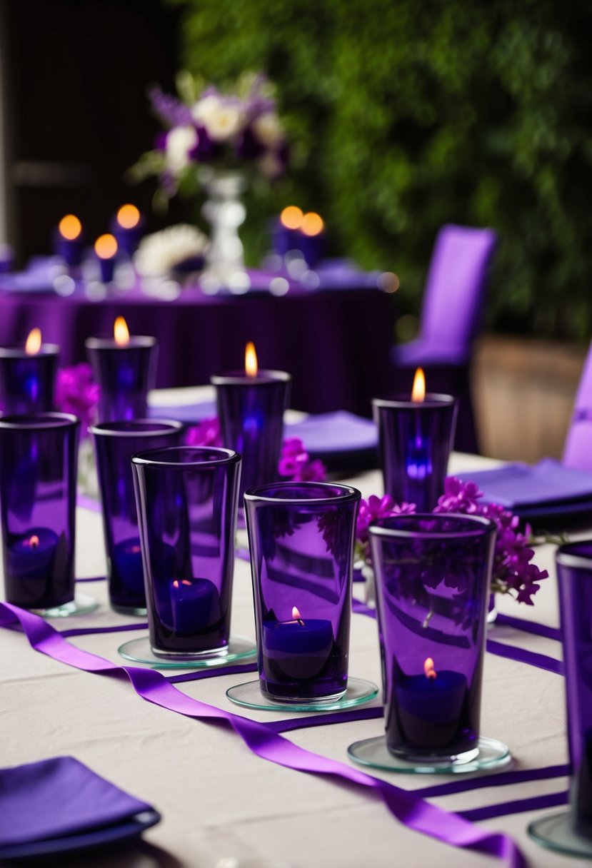 Amethyst-colored votive holders arranged on a table with purple floral and ribbon accents