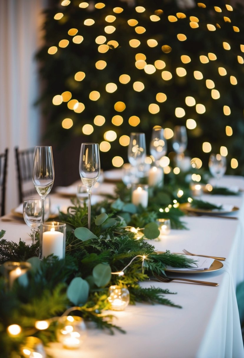 Greenery garlands with twinkling fairy lights adorn an elegant wedding table